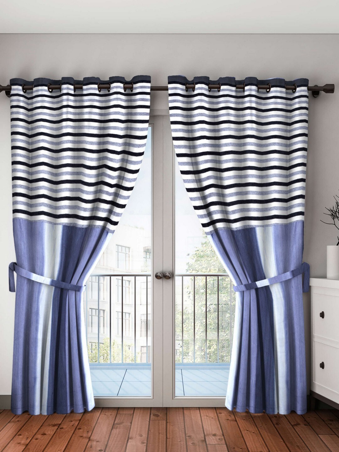 

BIANCA Blue & Black Set of 2 Striped Black Out Long Door Curtains