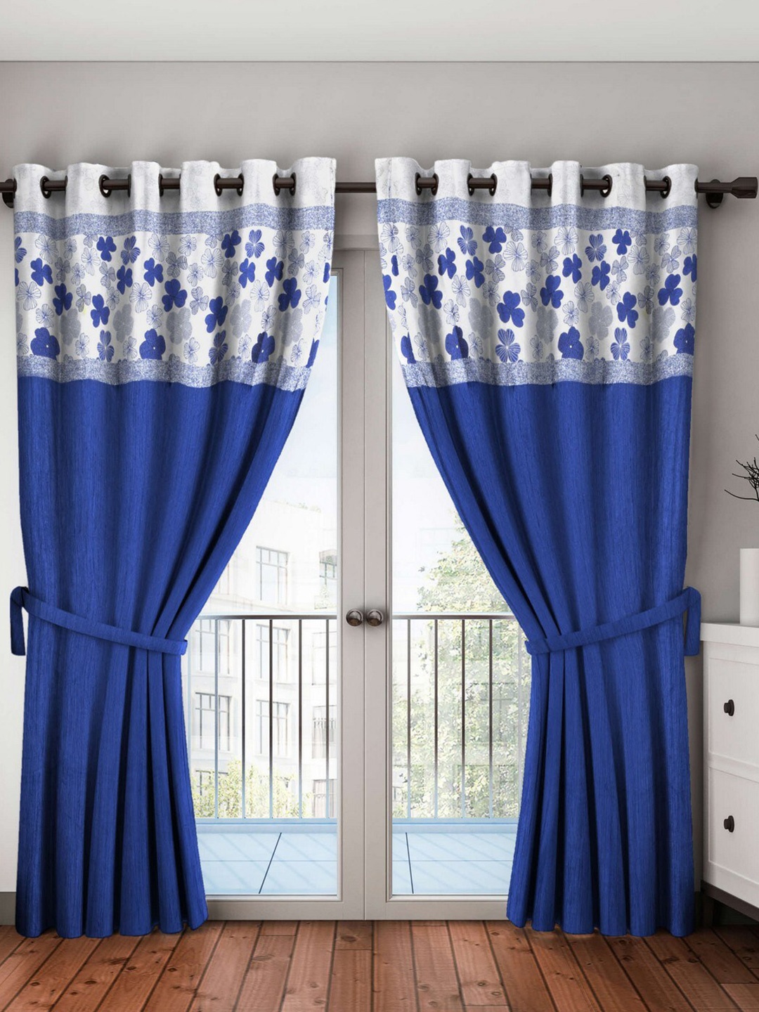 

BIANCA Blue & White Single Floral Black Out Long Door Curtain
