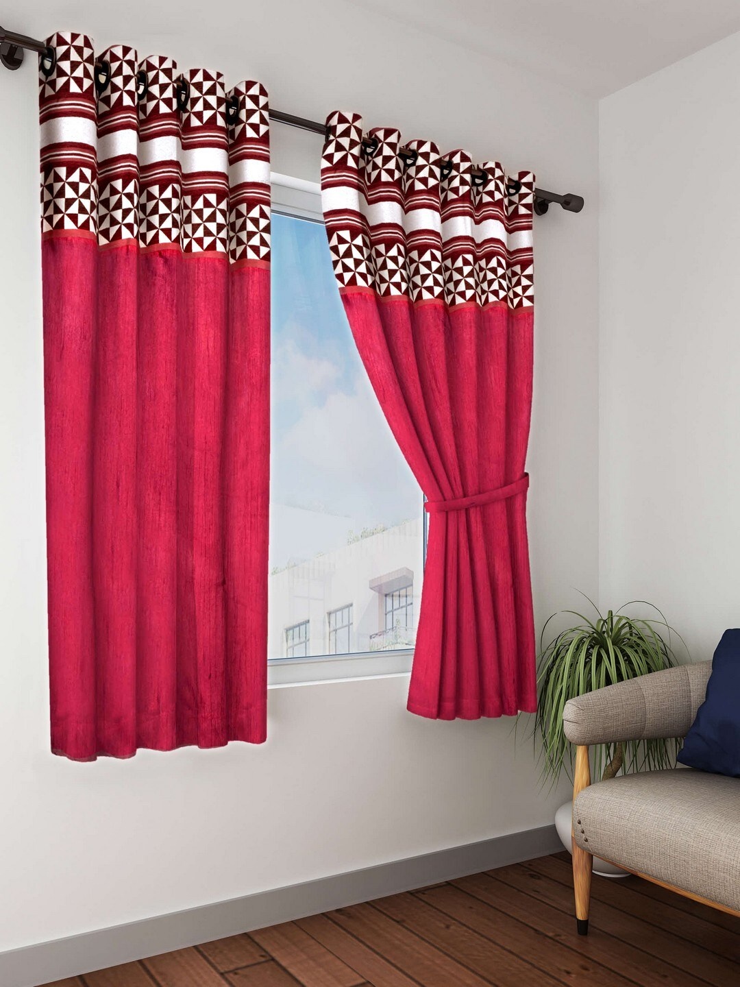 

BIANCA Maroon & White Set of 2 Black Out Window Curtains