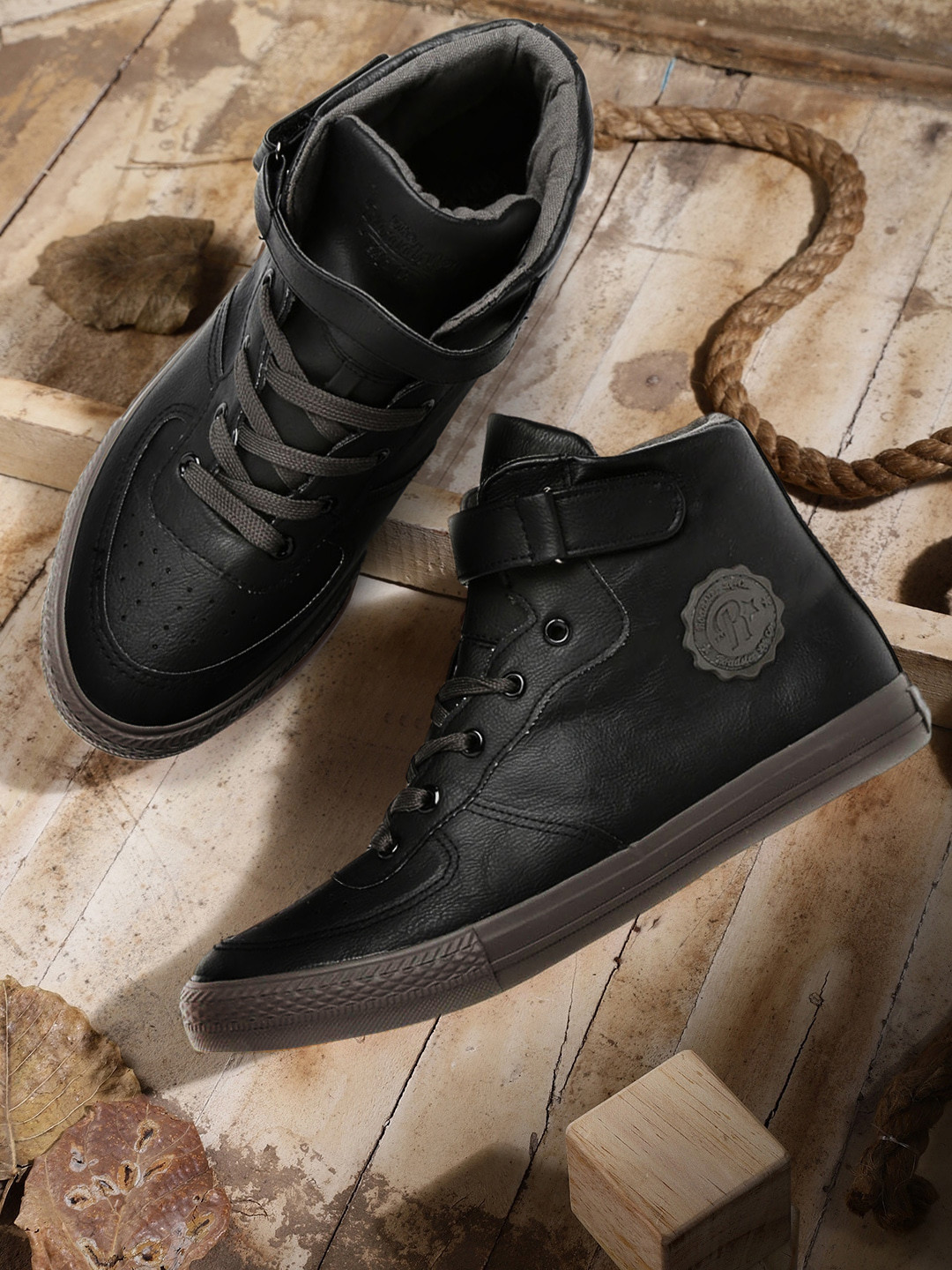 

Roadster Men Black Perforated Mid-Top Sneakers