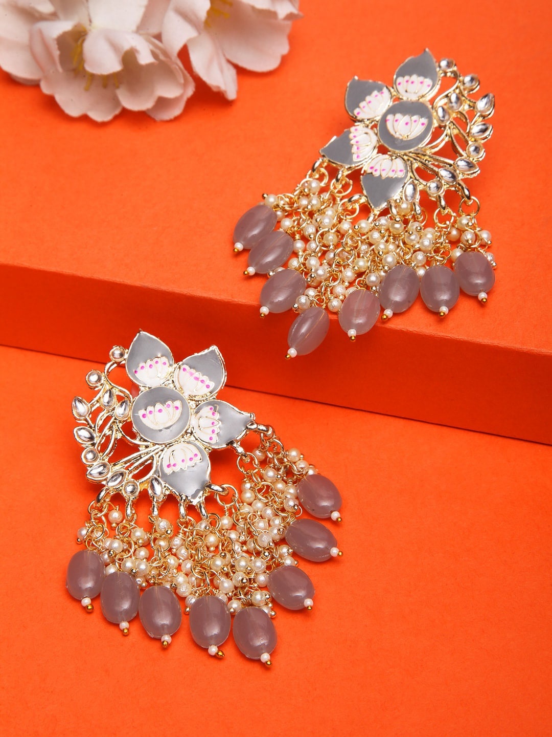 

Shining Diva Grey & Gold-Toned Floral Drop Earrings