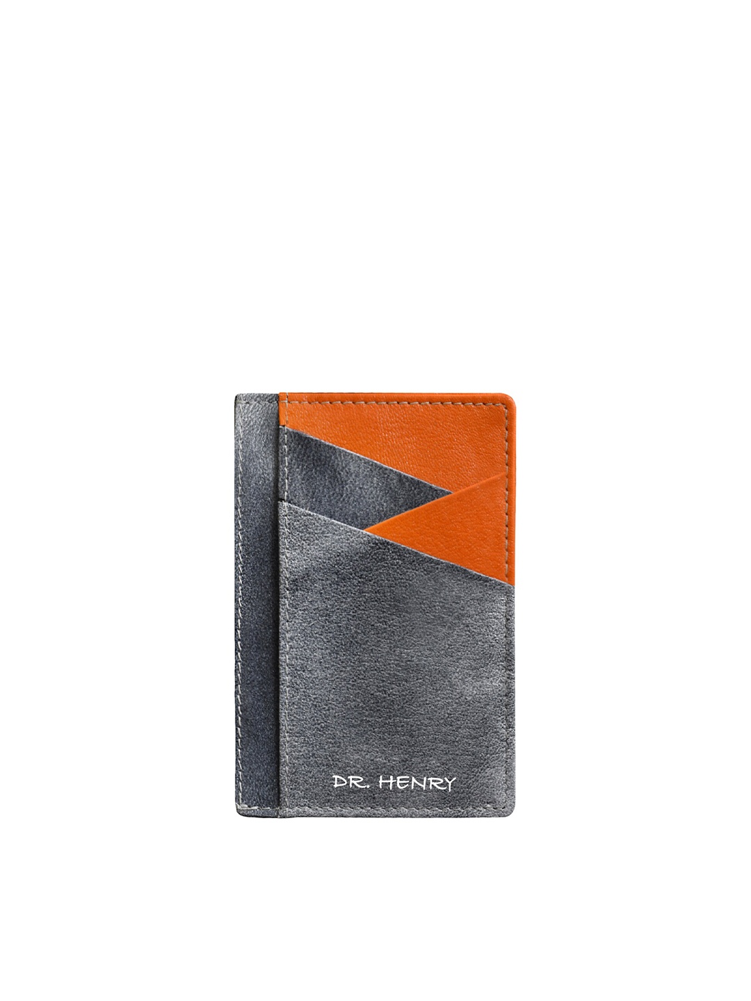 

DR. HENRY Unisex Grey & Orange Colourblocked Leather Card Holder