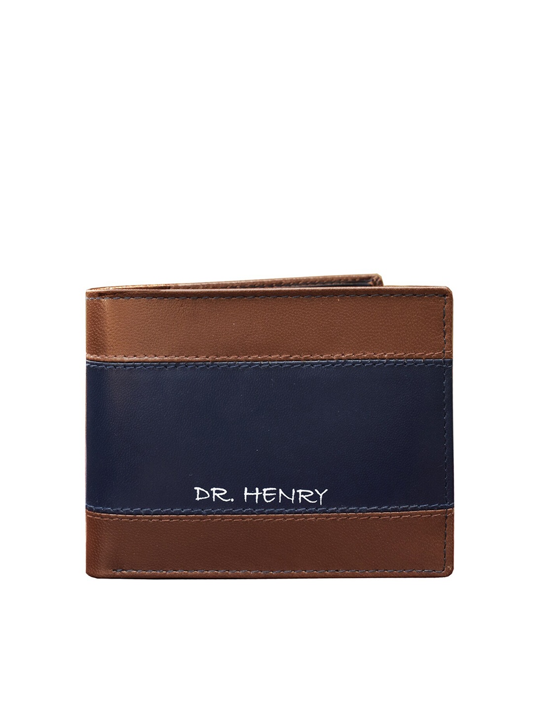 

DR. HENRY Men Tan Brown & Blue Colourblocked Leather Two Fold Wallet