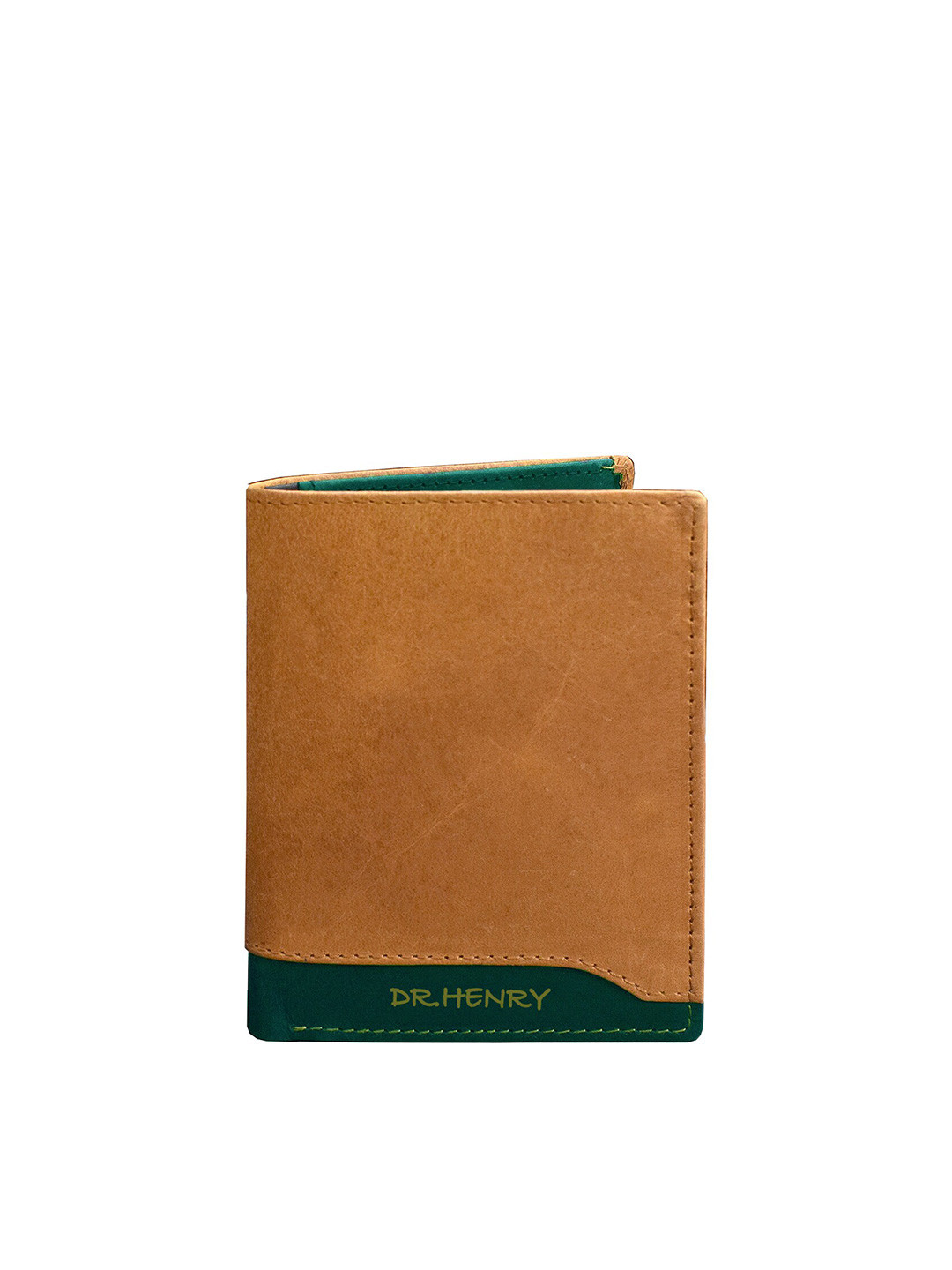 

DR. HENRY Men Tan Brown & Green Colourblocked Leather Card Holder