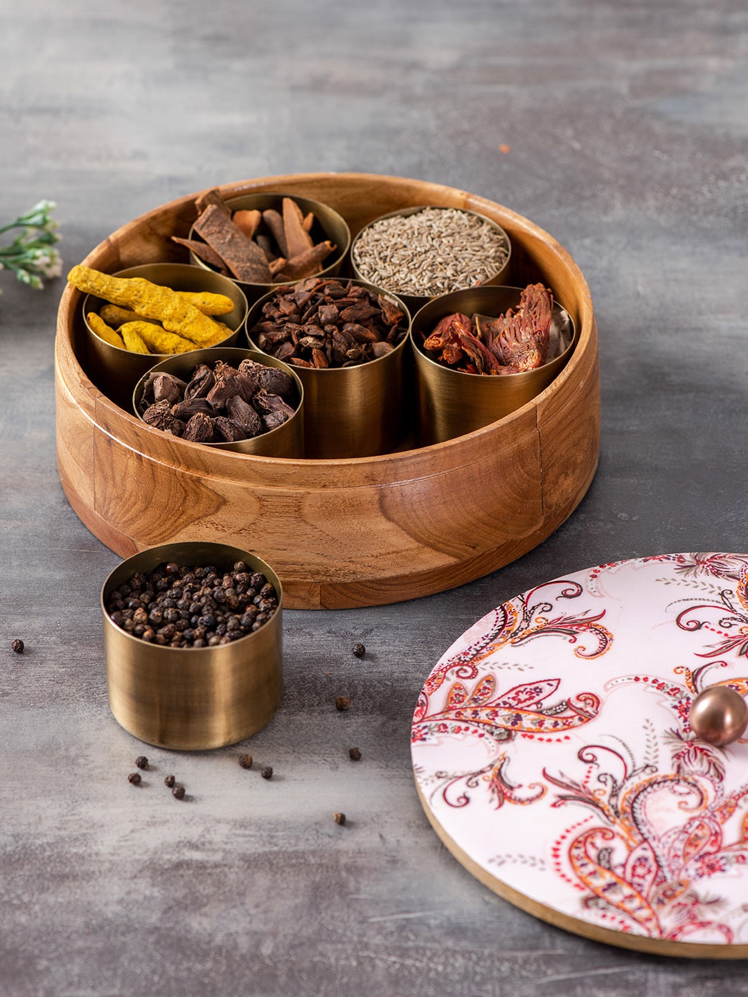 

nestroots Gold-Toned Wood Round Masala Box or Spice Jar Container with Brass Lid, White