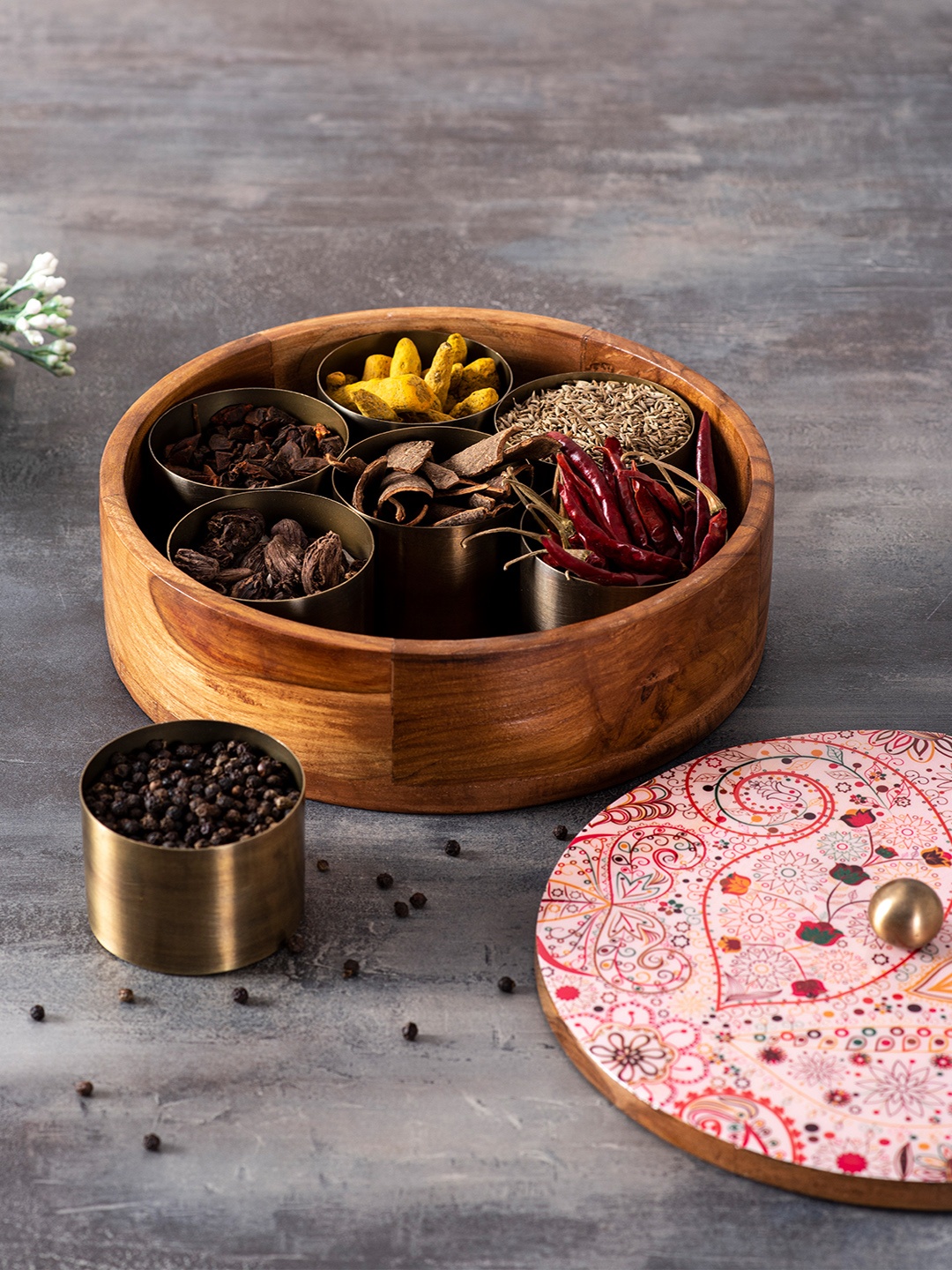 

nestroots Pink & White Printed Wooden Masala Box