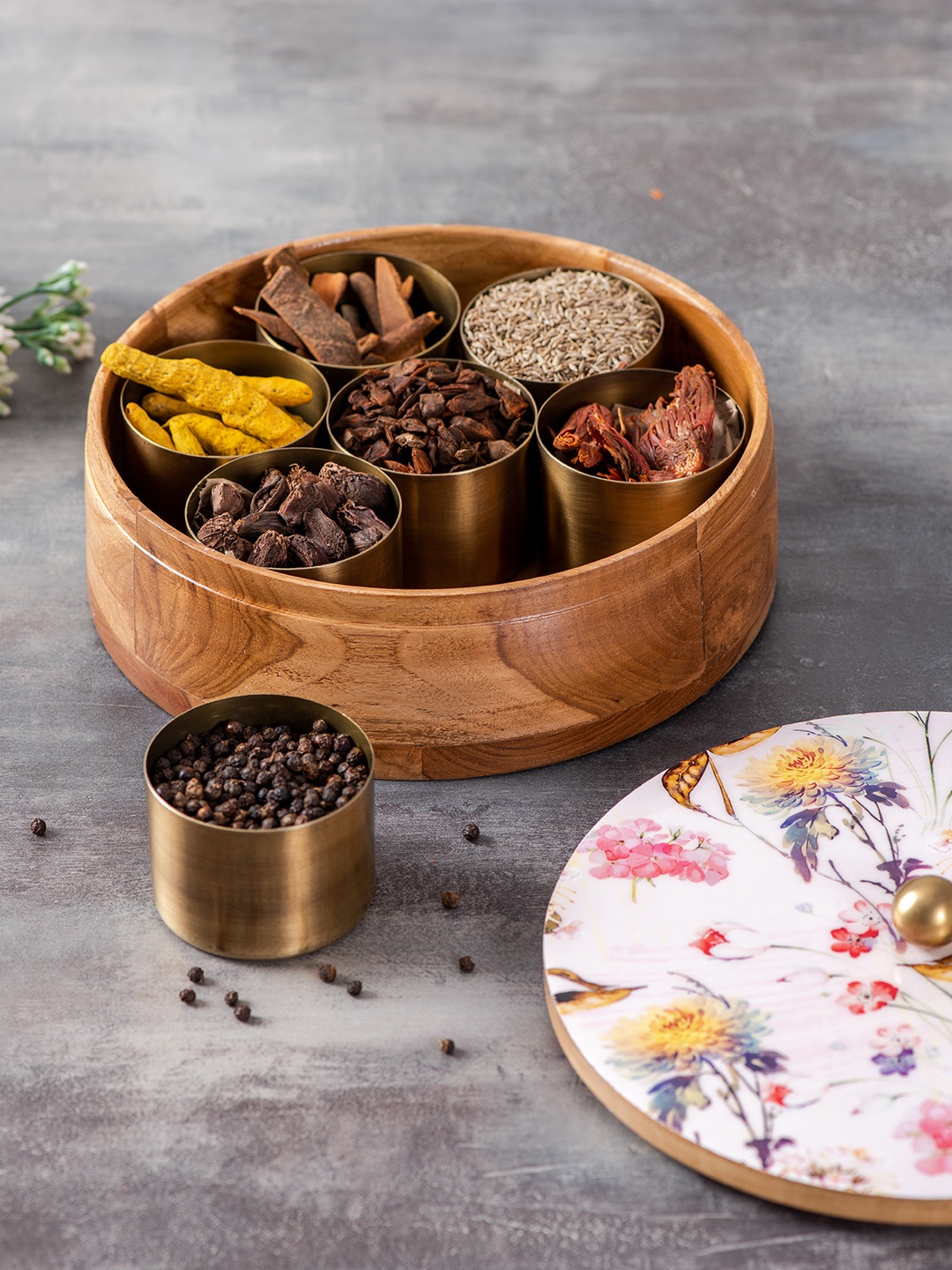 

nestroots Teak Wooden Masala Box With 7 Masala Jar, Blue