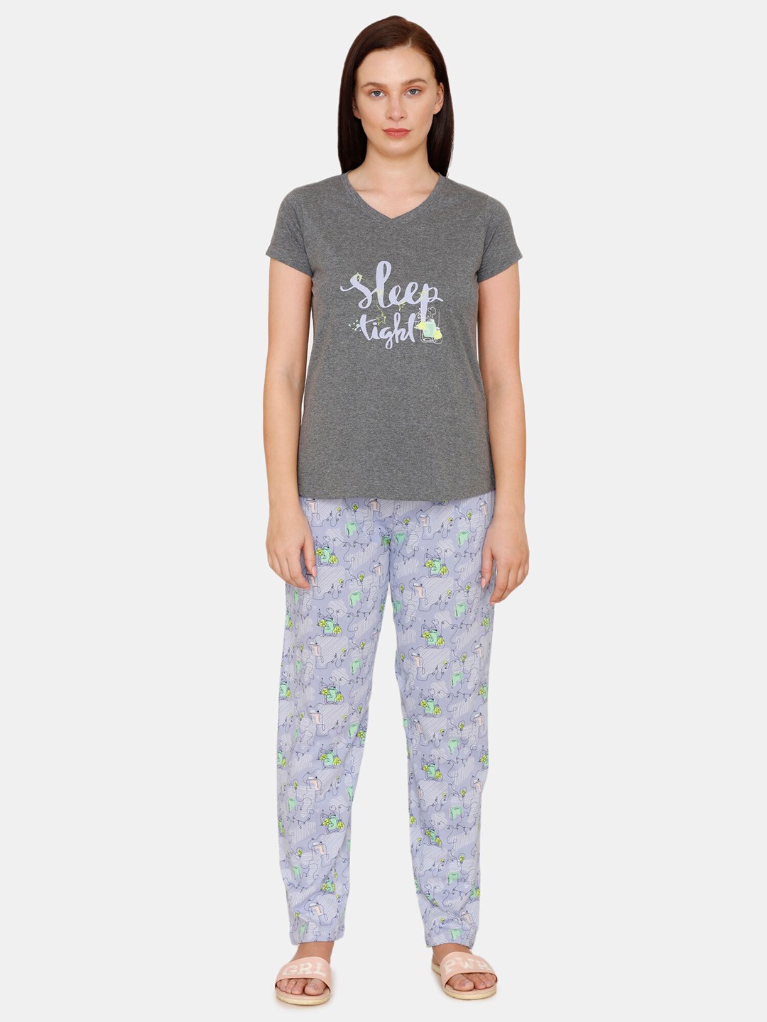 

Zivame Women Grey & Purple Printed Night suit