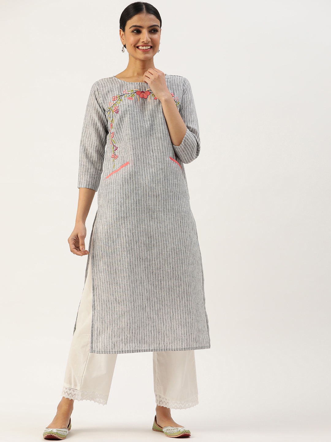 

VAABA Women Grey & White Striped Cotton Thread Work Kurta