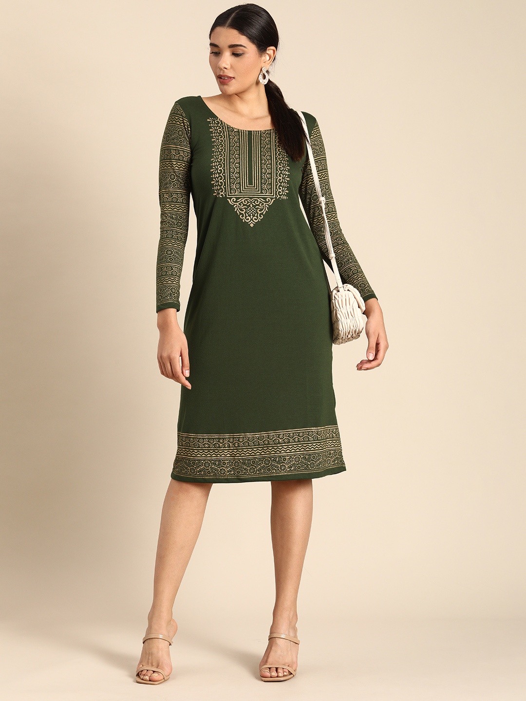 

Anouk Olive Green & Gold-Toned Ethnic Motifs Foil Printed Sheath Dress