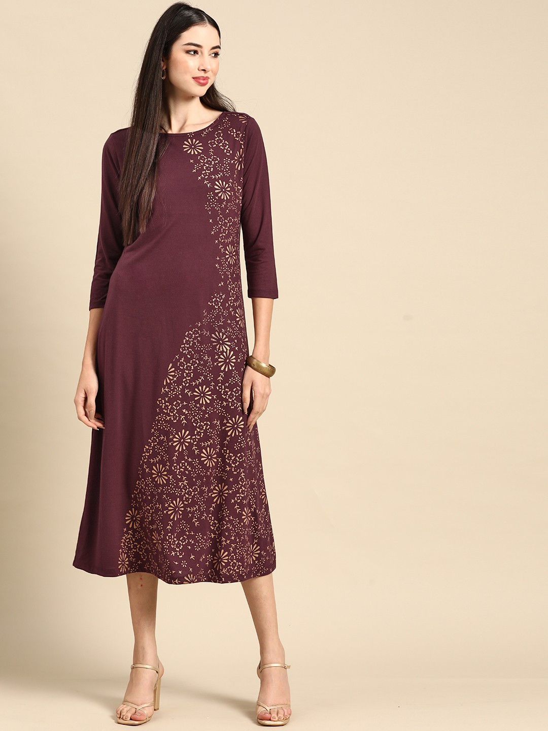 

Anouk Burgundy & Golden Ethnic Motifs A-Line Midi Dress
