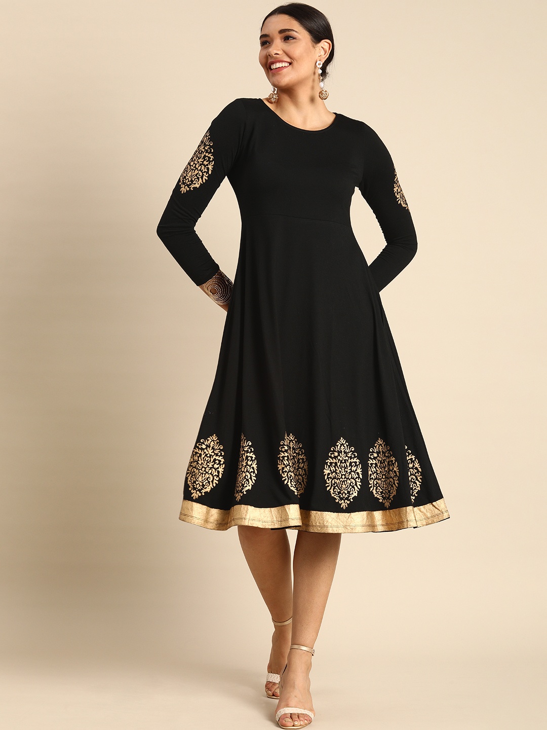 

Anouk Black Floral Fit & Flare Knitted Dress