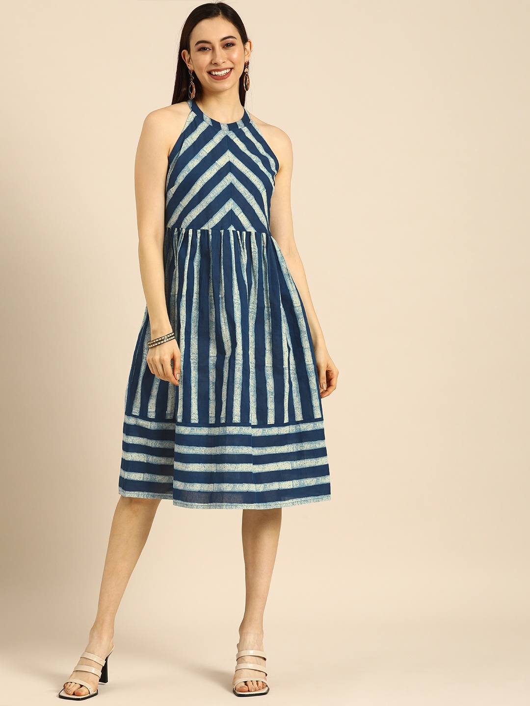 

Anouk Navy Blue & White Striped Ethnic Dress