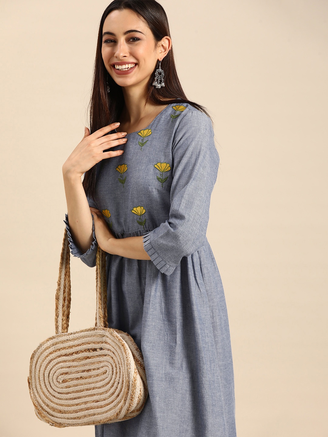 

Anouk Blue Embroidered Pure Cotton A-Line Dress