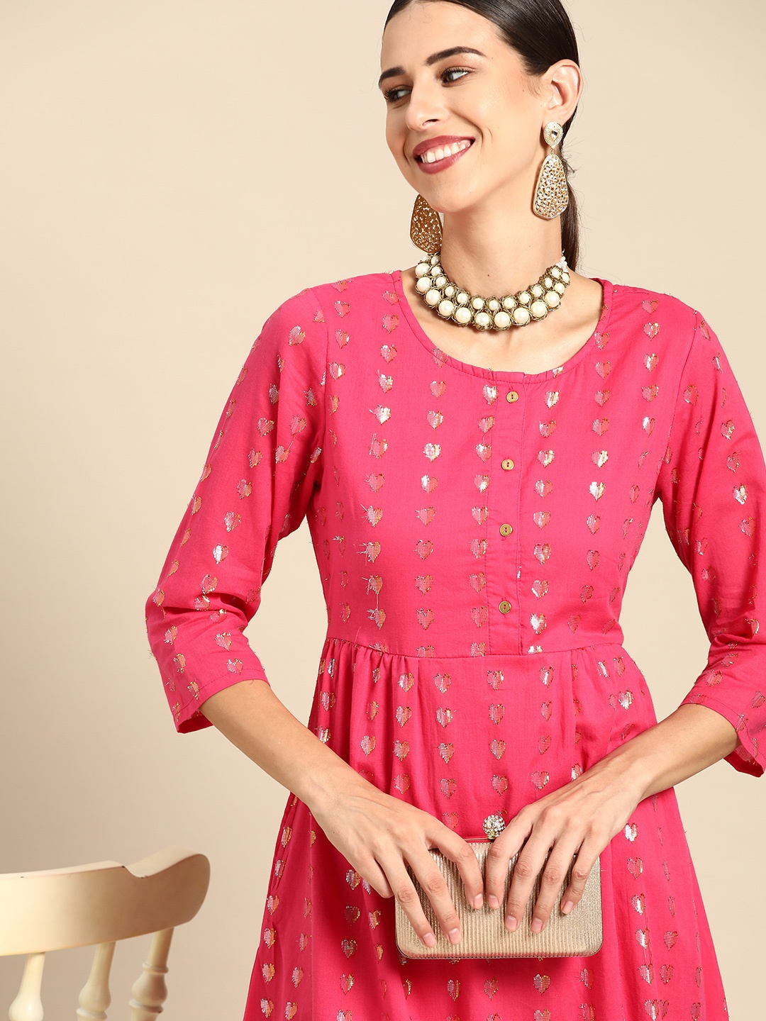 

Anouk Pink & Golden Pure Cotton Woven Ethnic Design A-Line Midi Dress