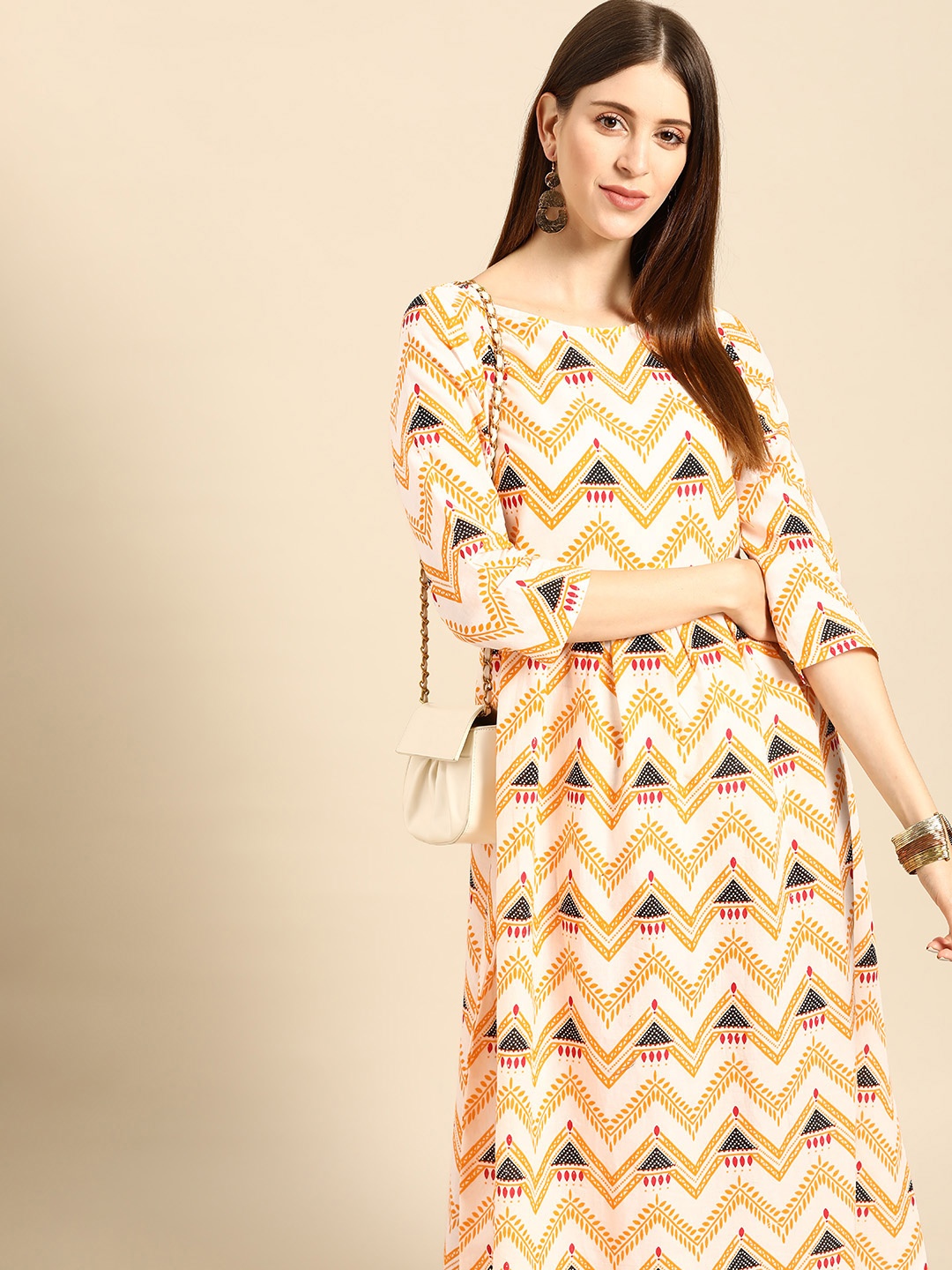 

Anouk Women White & Yellow Ethnic Motifs Print Pure Cotton Maxi Dress