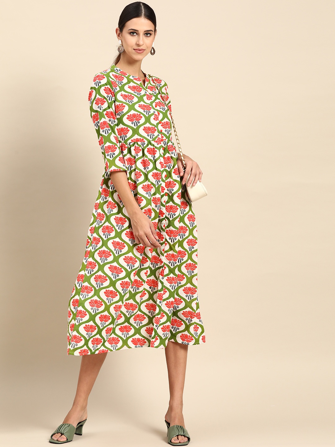 

Anouk Off White & Green Pure Cotton Ethnic Motifs Print Midi A-Line Dress