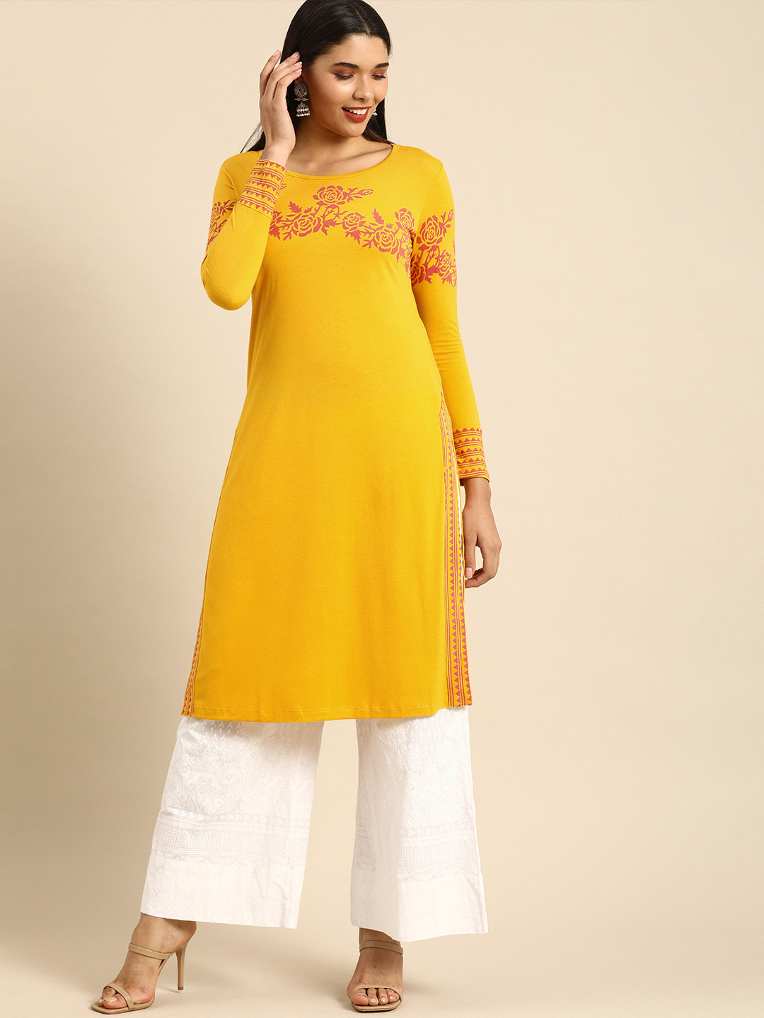 

Anouk Women golden Roo Yellow & Pink Block Printed Knitted Side Slit Kurta