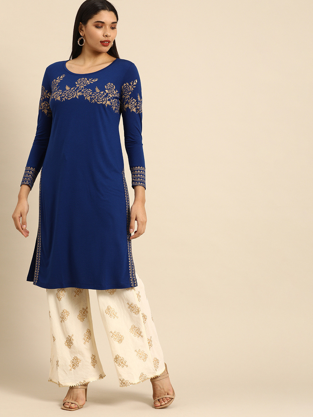 

Anouk Women Royal Blue & Gold-Toned Block Printed Knitted Kurta
