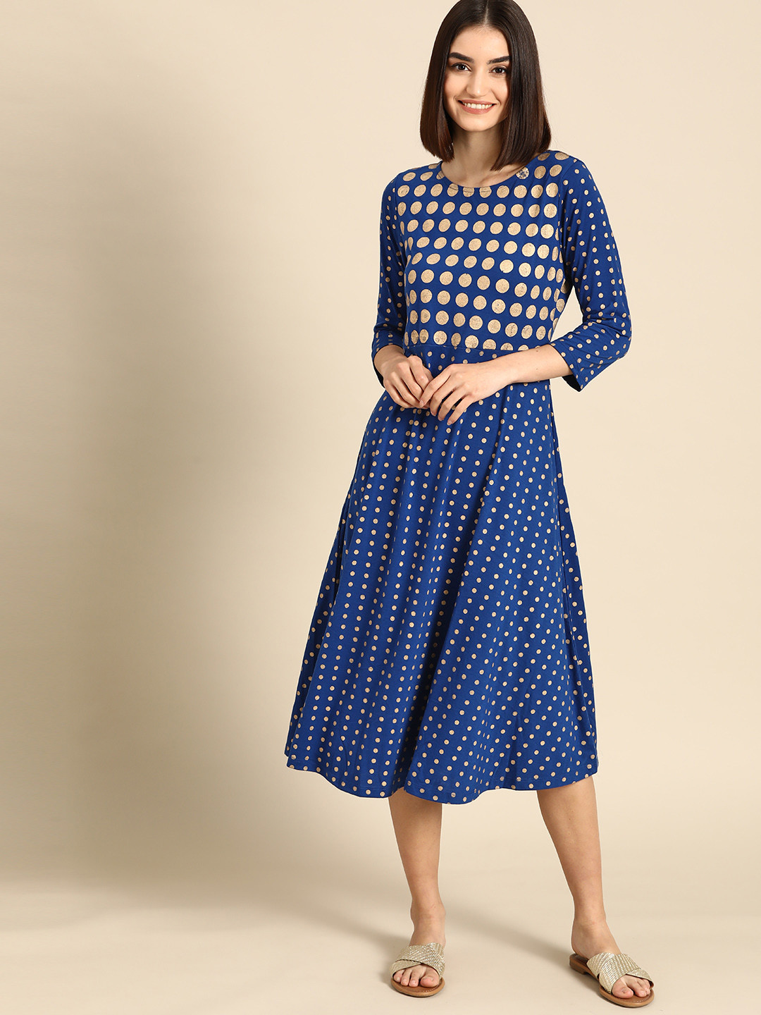 

Anouk Blue & Gold-Toned Printed A-Line Dress