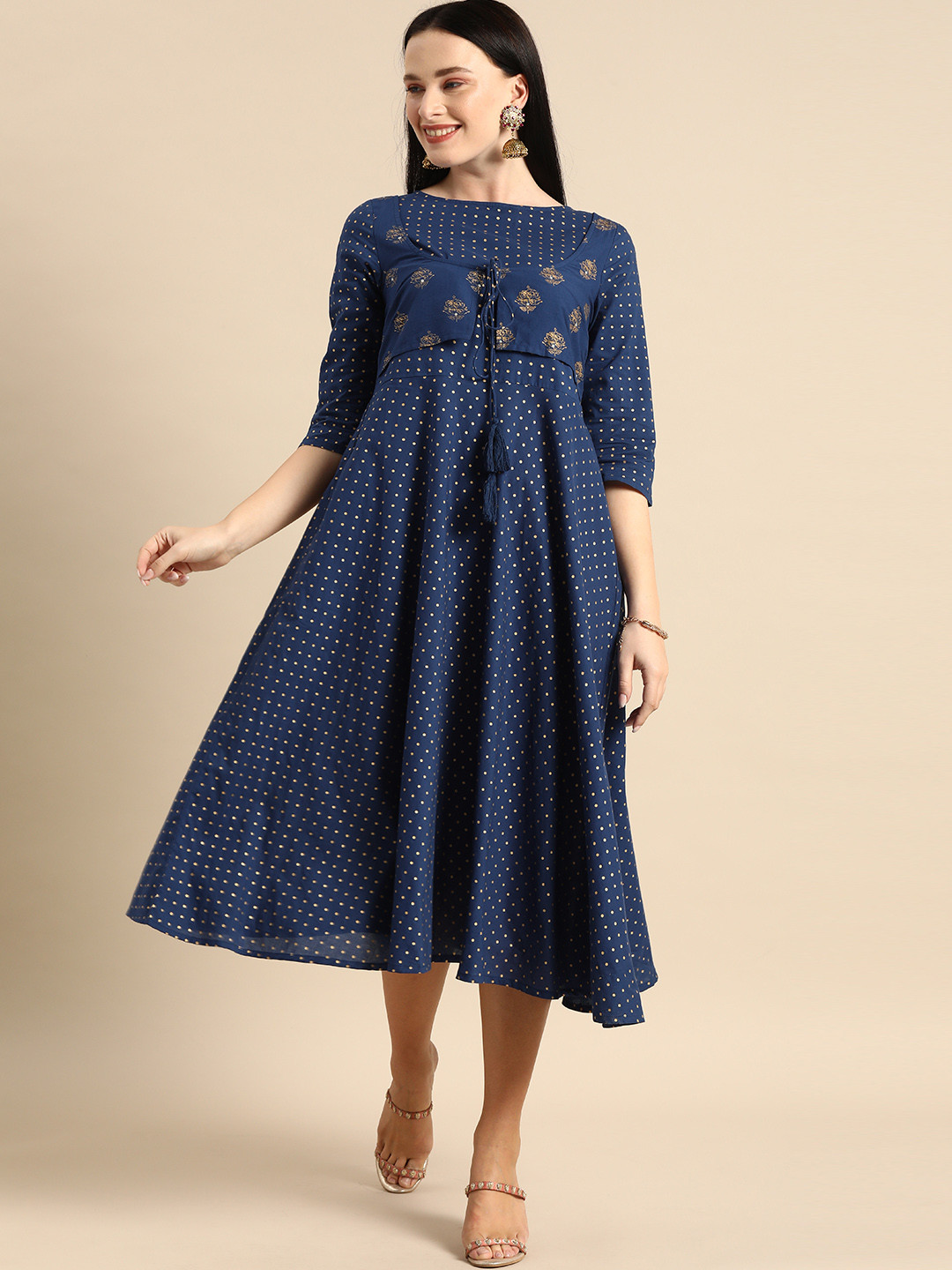 

Anouk Women Blue & Gold-Toned Polka Dots Printed Layered Ethnic Dress