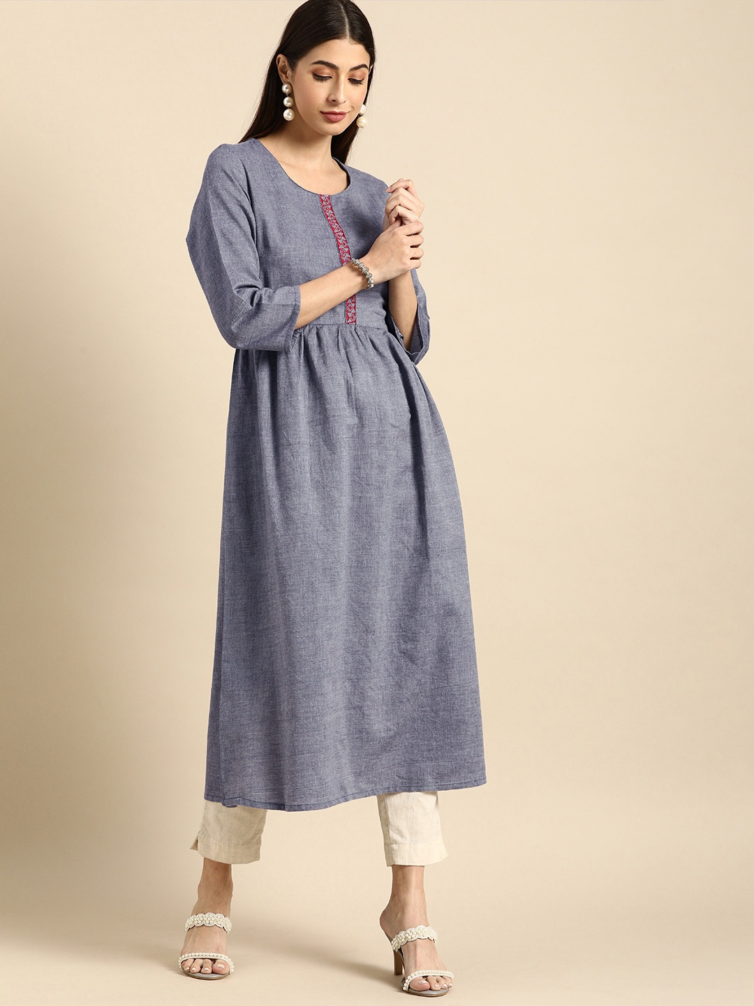 

Anouk Women Grey Thread Work A-Line Kurta