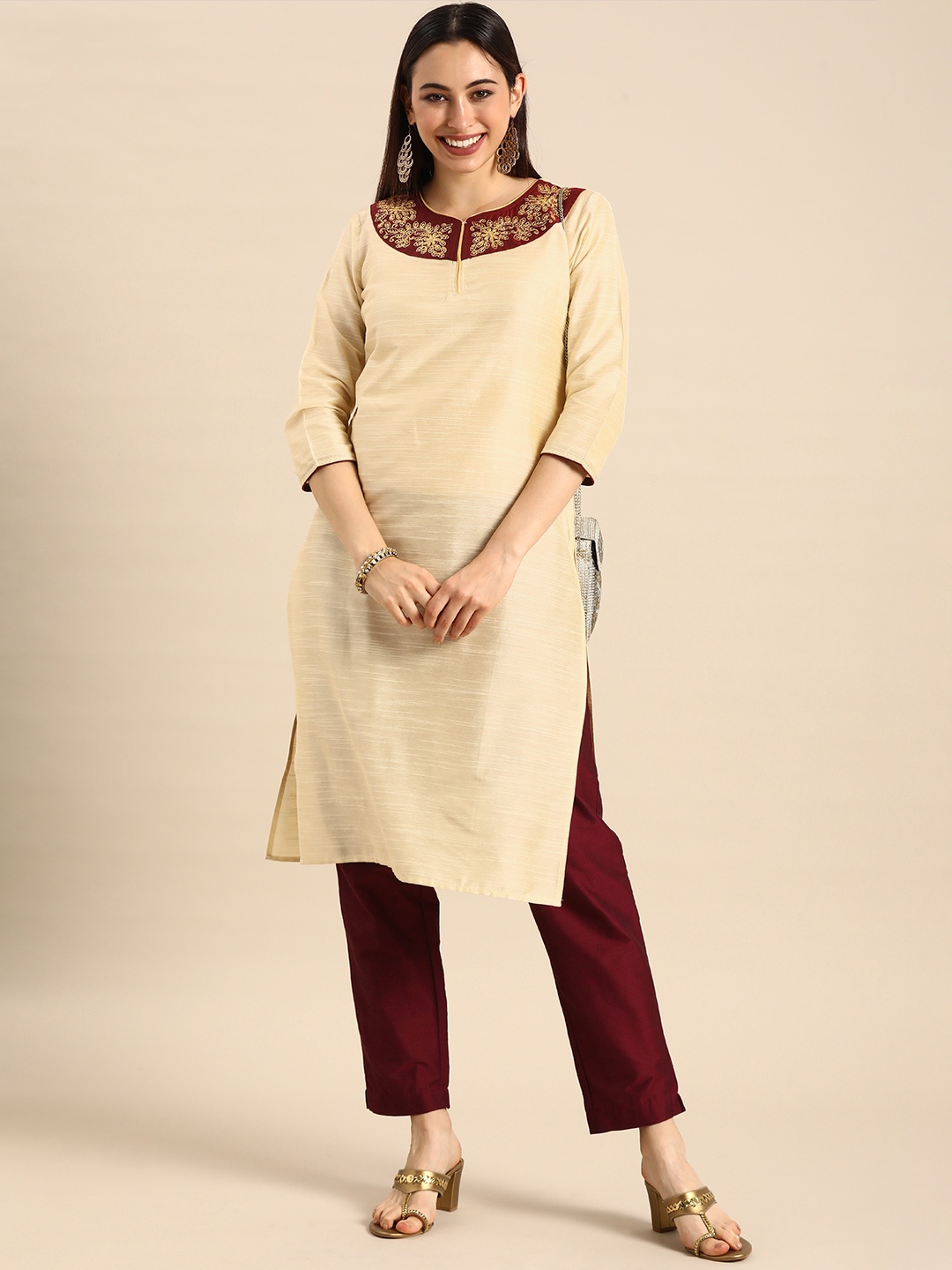 

Anouk Women Beige Solid Thread Work Regular Kurta with Trousers