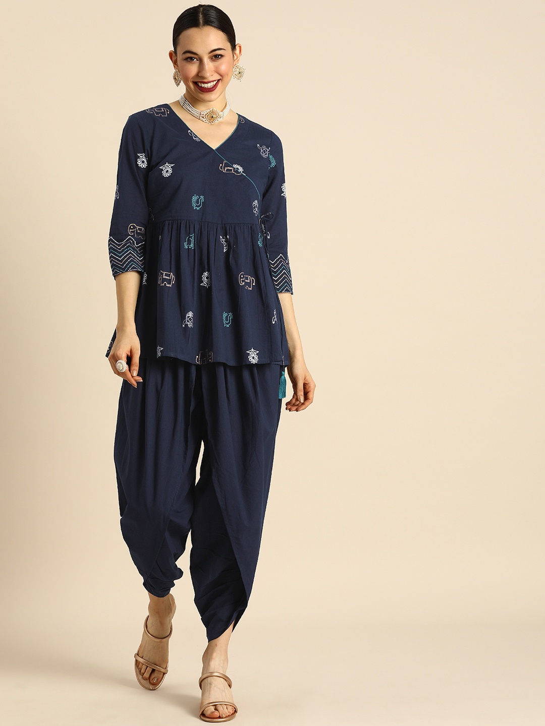 

Anouk Women Navy Blue Ethnic Motifs Printed Angrakha Pure Cotton Kurti with Dhoti Pants