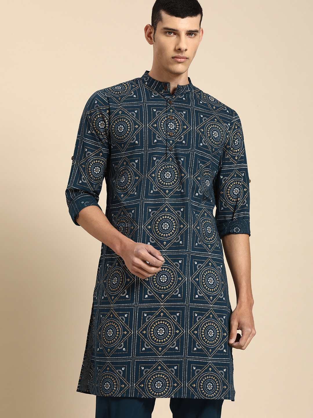 

Anouk Men Blue Bandhani Printed Regular Pure Cotton Kurta with Pyjamas