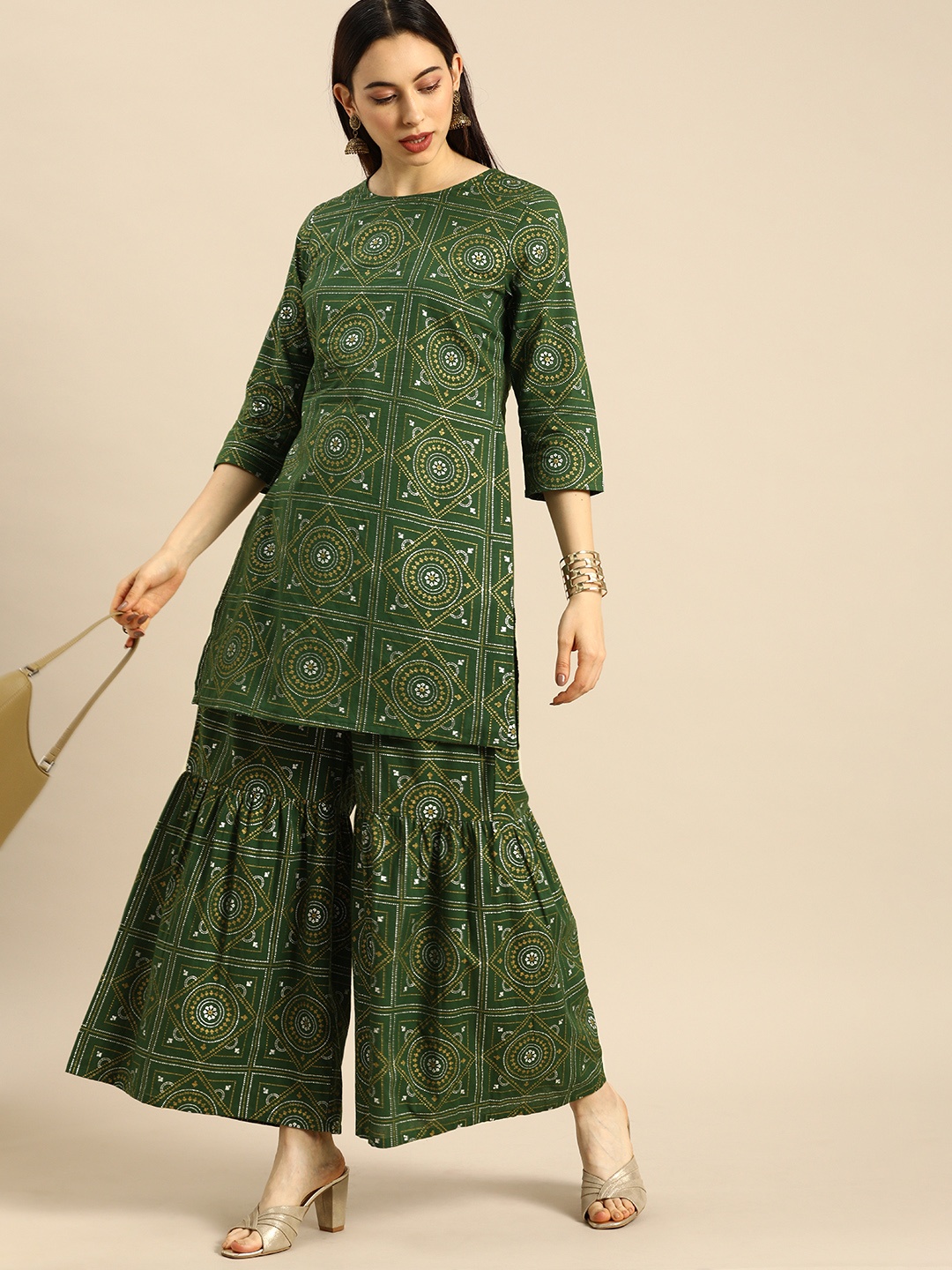 

Anouk Women Green Ethnic Motifs Printed Pure Cotton Kurta with Sharara