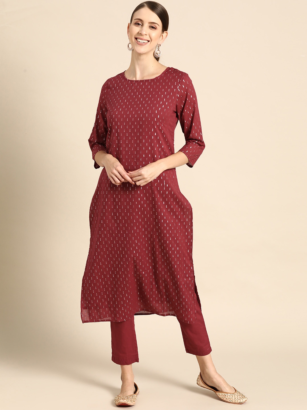 

Anouk Women Maroon & Silver Woven Design Pure Cotton Kurta with Trousers