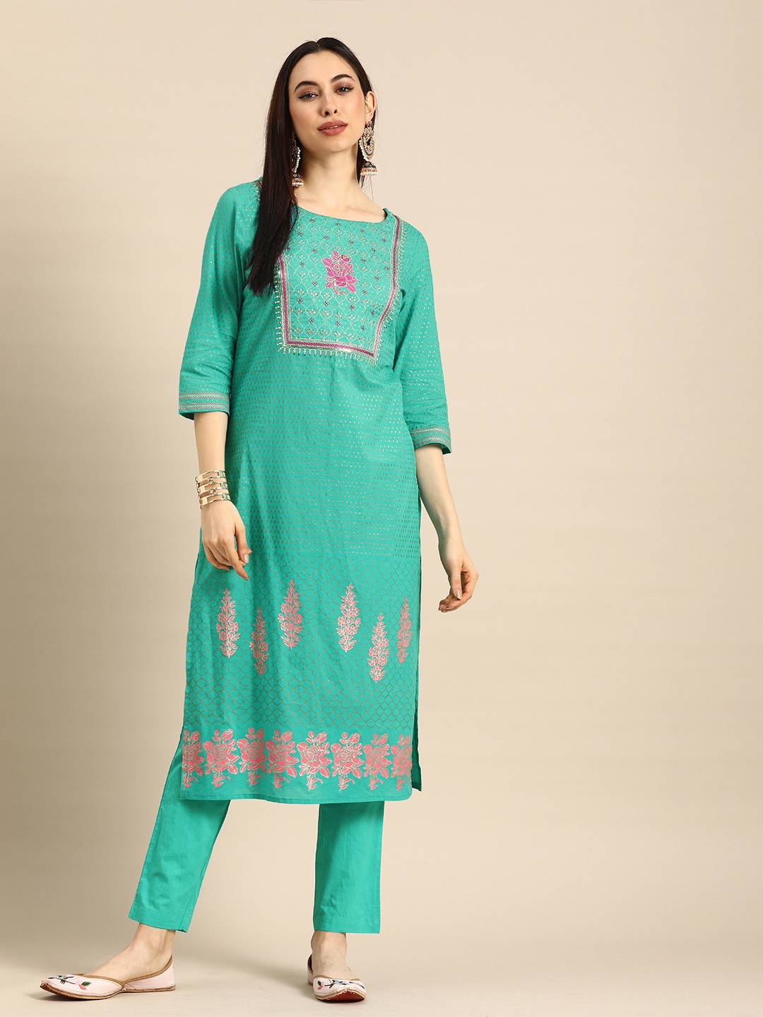 

Anouk Women Teal Floral Printed Regular Pure Cotton Kurta with Trousers