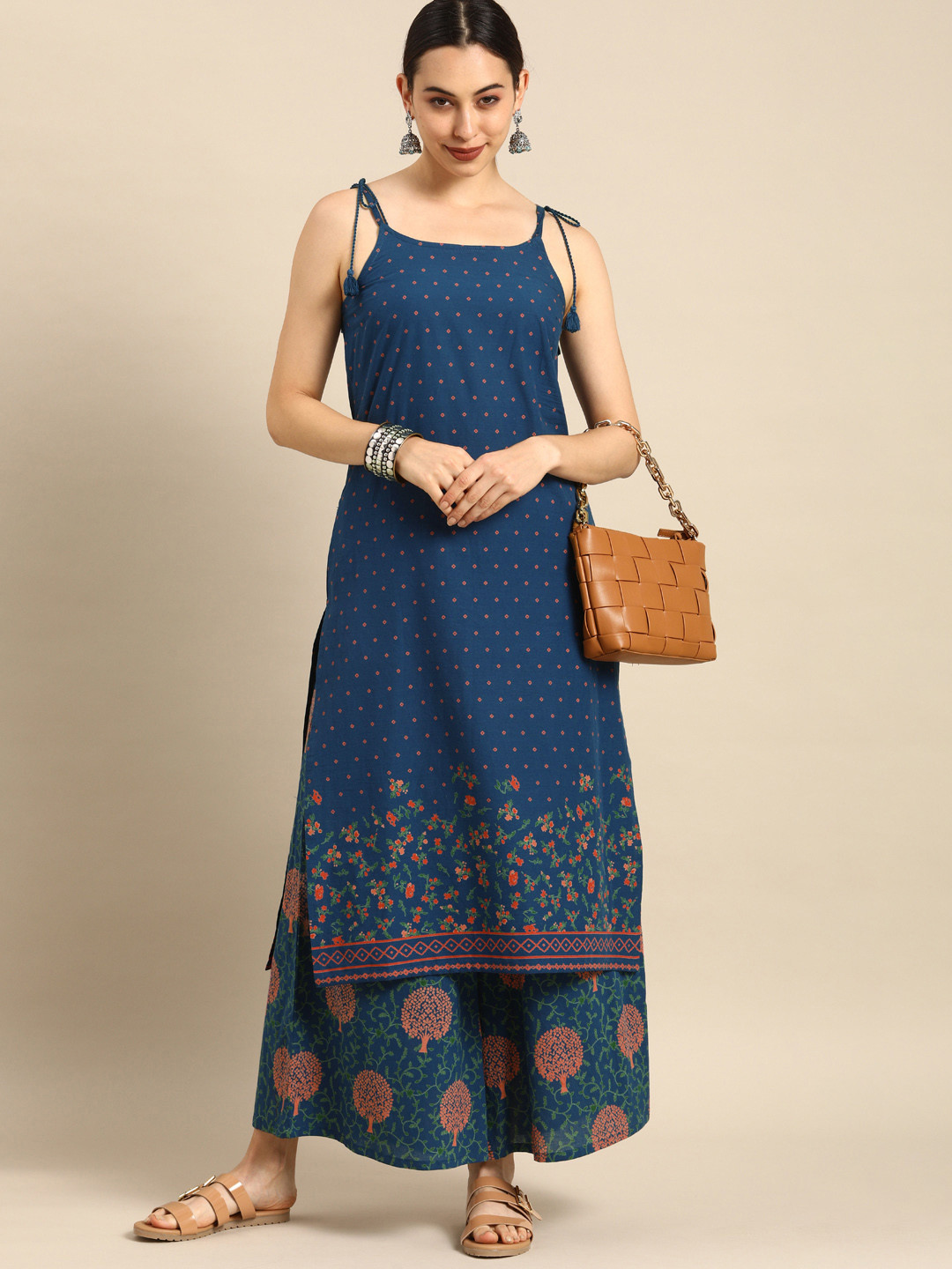 

Anouk Women Blue Ethnic Motifs Printed Regular Pure Cotton Kurta with Palazzos