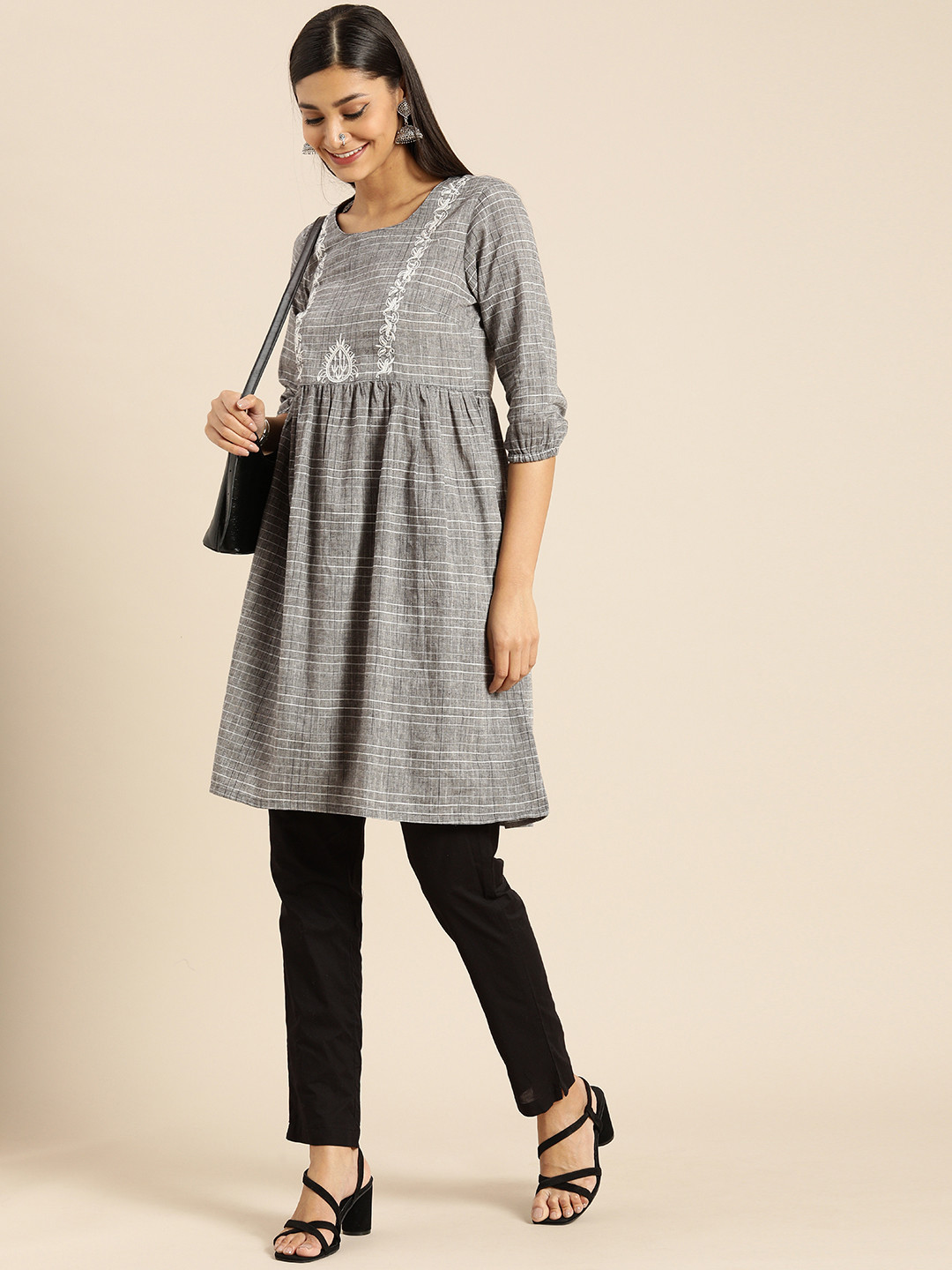 

Anouk Women Grey Striped Pleated Thread Work Pure Cotton Kurta with Trousers
