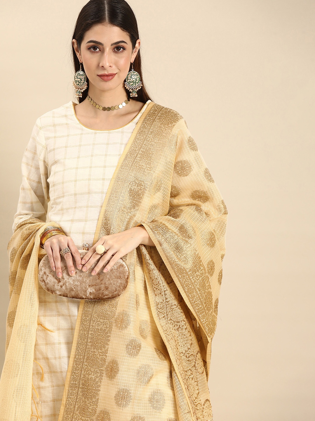 

Anouk Women Cream-Coloured & Beige Regular Pure Cotton Kurta with Trousers & With Dupatta