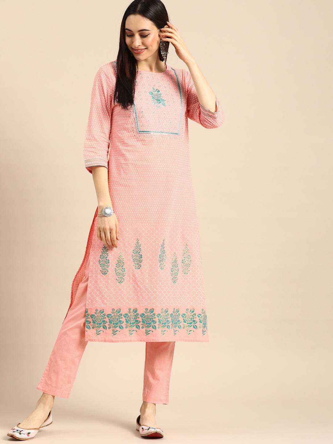 

Anouk Women Peach-Coloured Floral Printed Regular Pure Cotton Kurta with Trousers