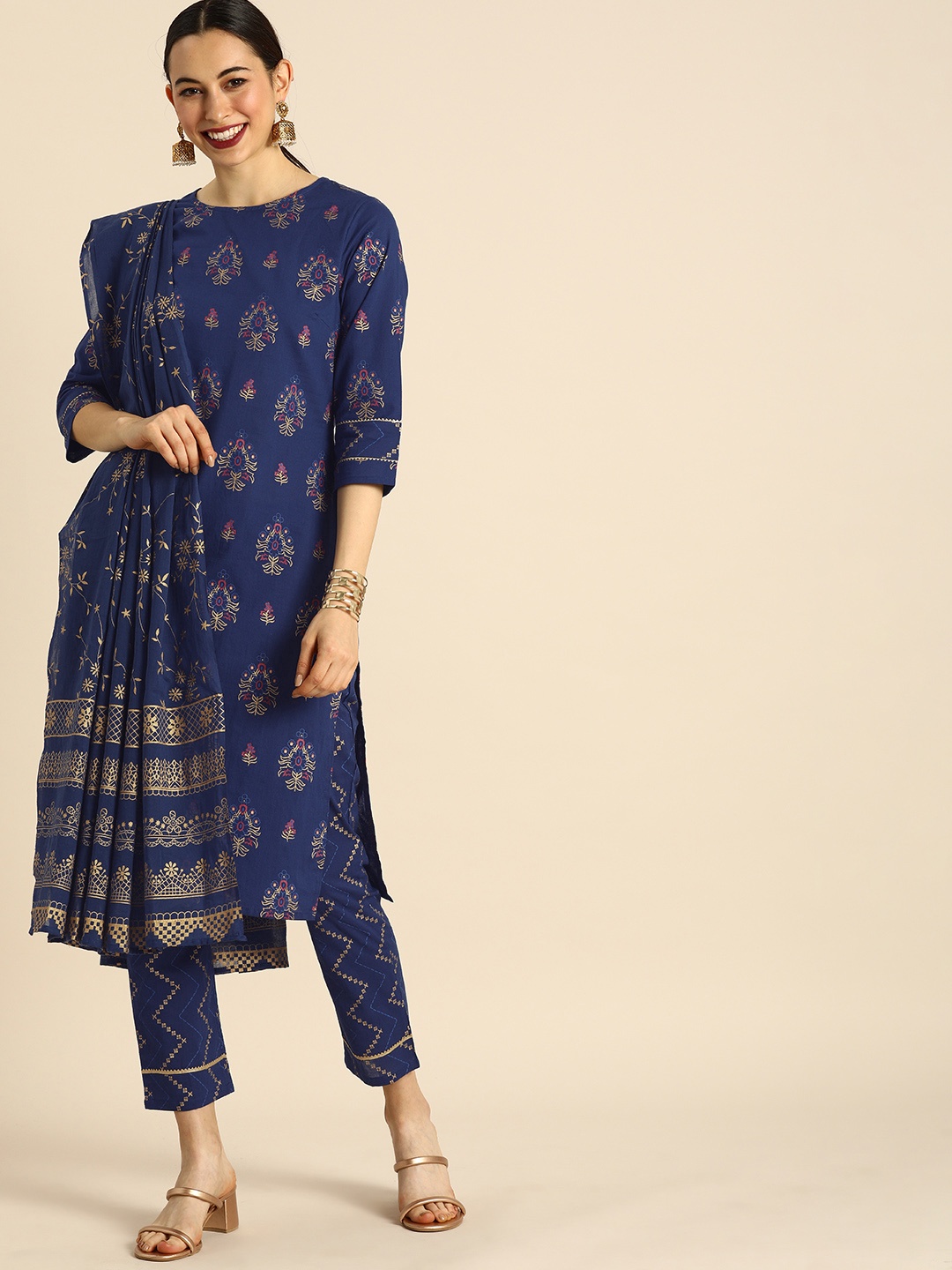 

Anouk Women Navy Blue Ethnic Motifs Printed Pure Cotton Kurta with Trousers & With Dupatta