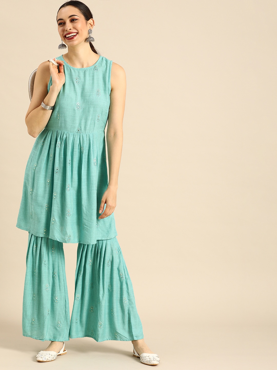 

Anouk Women Turquoise Blue Floral Embroidered Pleated Mirror Work Kurta with Sharara