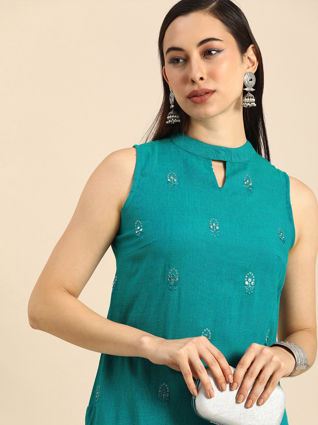 

Anouk Women Teal Blue Ethnic Motifs Embroidered Regular Gotta Patti Kurta with Palazzos