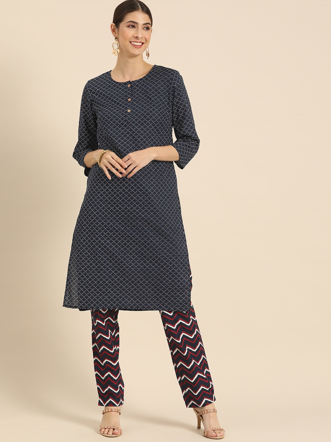 

Anouk Women Navy Blue & White Printed Regular Pure Cotton Kurta Sets