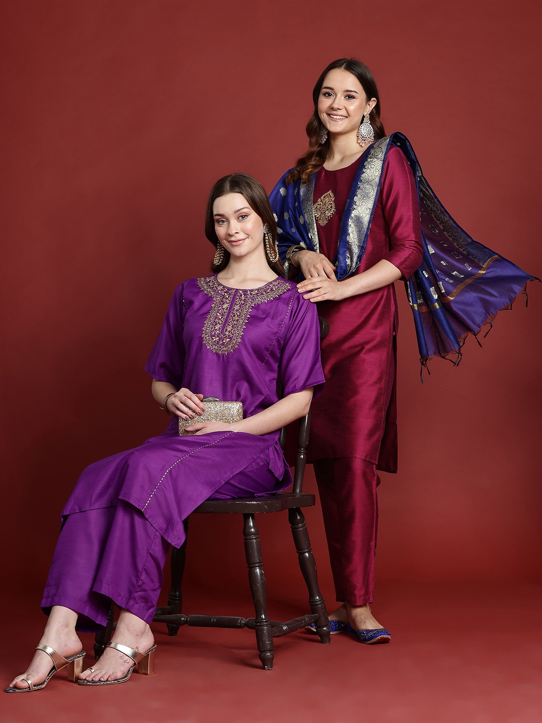 

Anouk Women Purple Thread Work Kurta with Trousers & With Dupatta