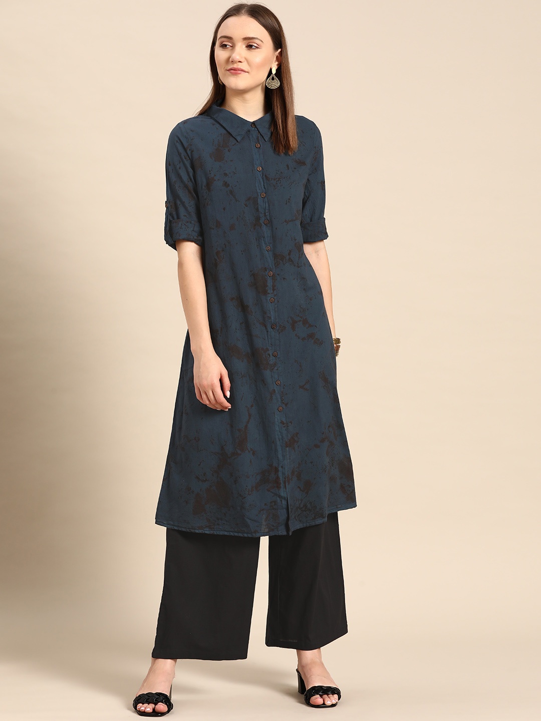 

Anouk Women Navy Blue Dyed Pure Cotton A-line Kurta with Palazzo