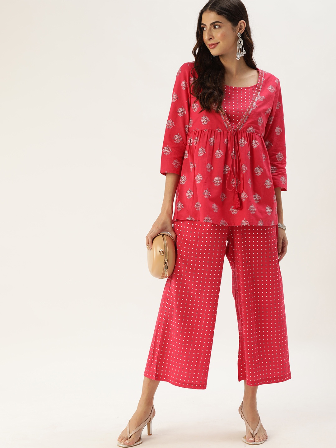 

Anouk Women Pink & Silver Printed Pure Cotton Top with Palazzos