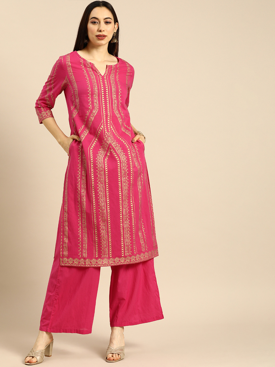 

Anouk Women Fuchsia Pink Ethnic Motifs Printed Pure Cotton Kurta with Palazzos