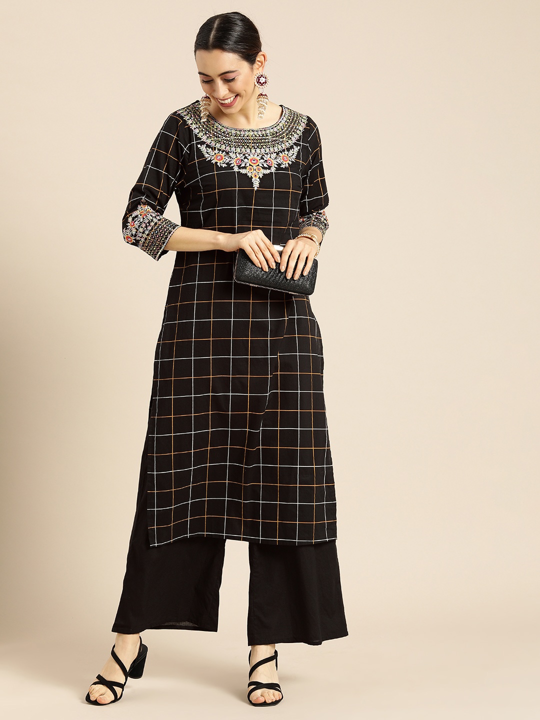 

Anouk Women Black Checked And Thread Work Cotton Kurta With Palazzos