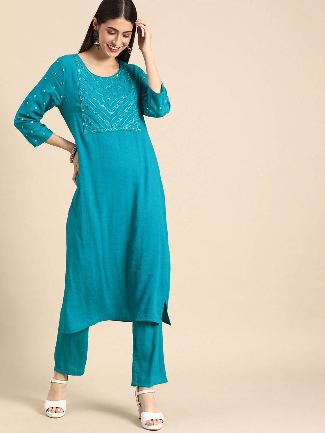 

Anouk Women Blue Ethnic Motifs Embroidered Regular Mirror Work Kurta with Trousers