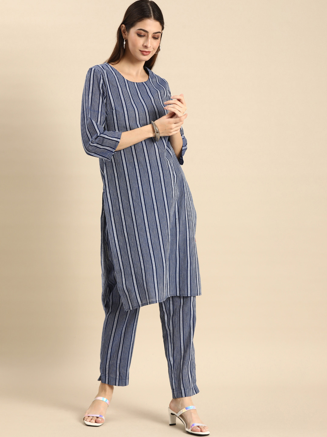 

Anouk Women Blue & White Striped Regular Pure Cotton Kurta with Trousers