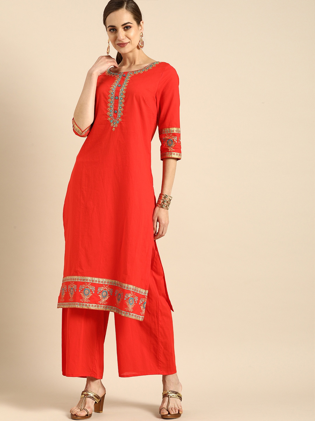 

Anouk Women Red & Blue Embroidered Pure Cotton Kurta Set