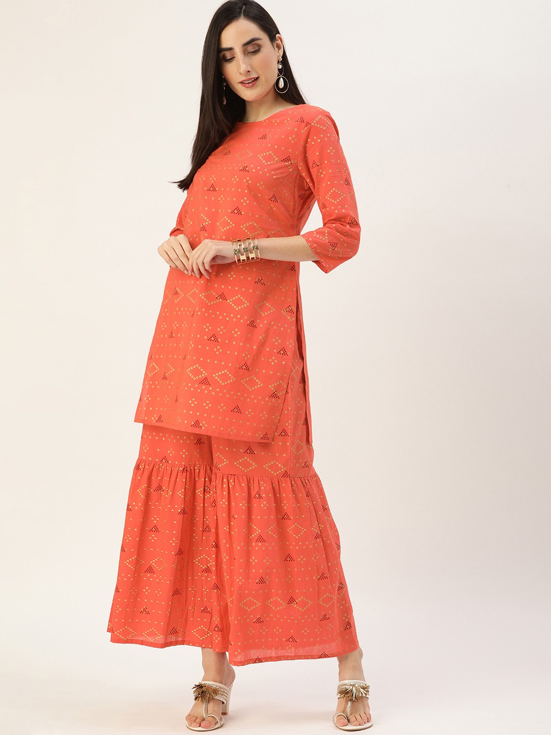 

Anouk Women Orange Bandhani Printed Kurta with Sharara