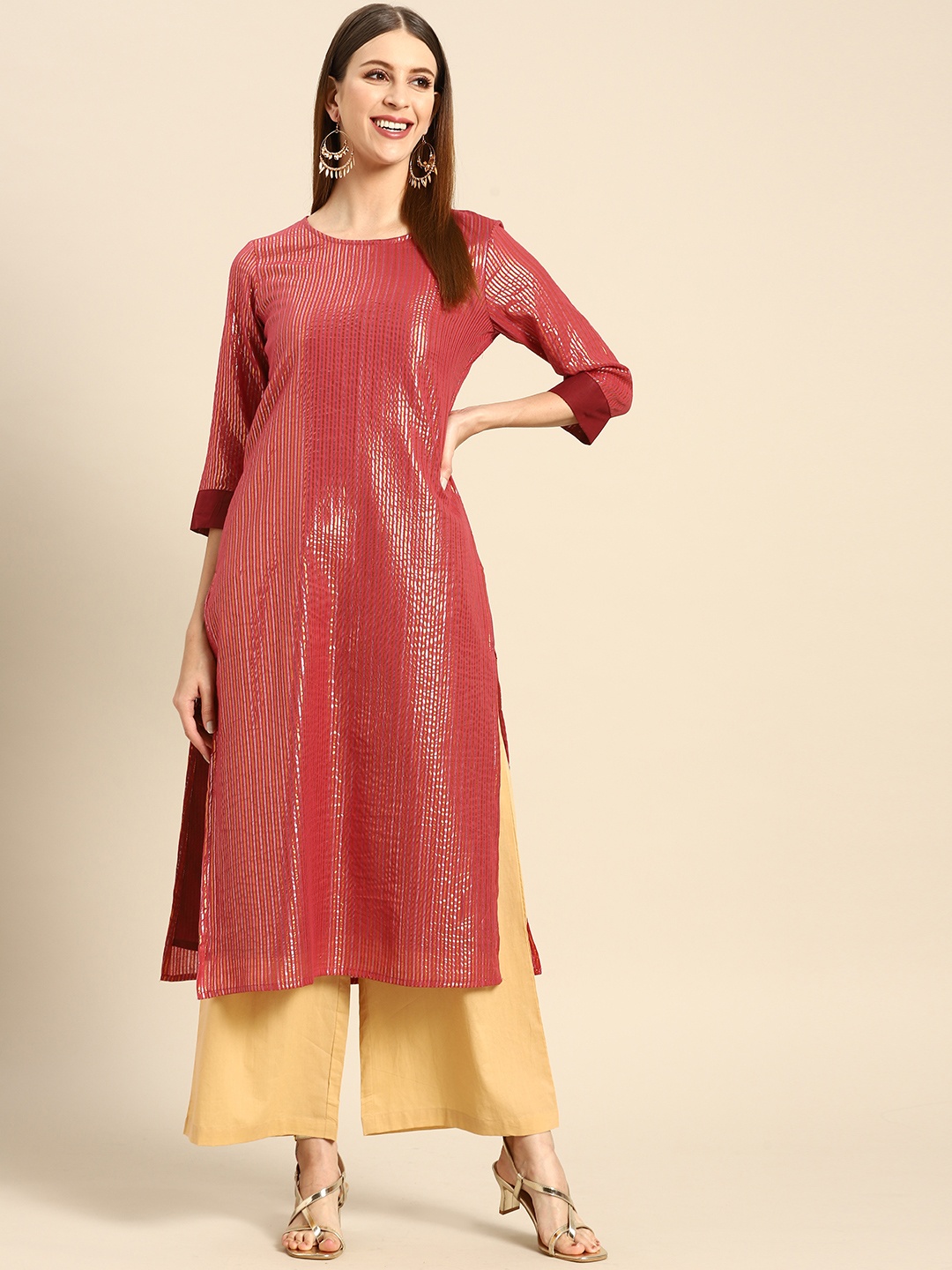 

Anouk Women Red & Beige Pure Cotton Striped Straight Kurta with Palazzos